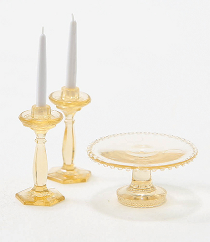 Dollhouse Miniature Cake Plate W/2 Candlesticks, Amber